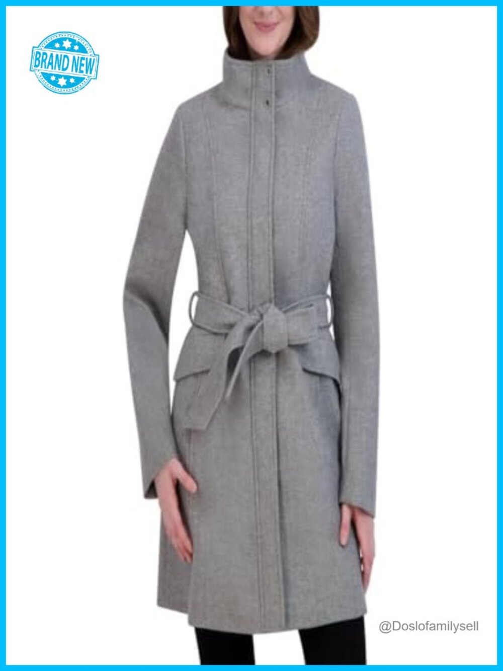 Belted Faux Wool Trench Coat Wind Resistant Snap Zip Tie Waist